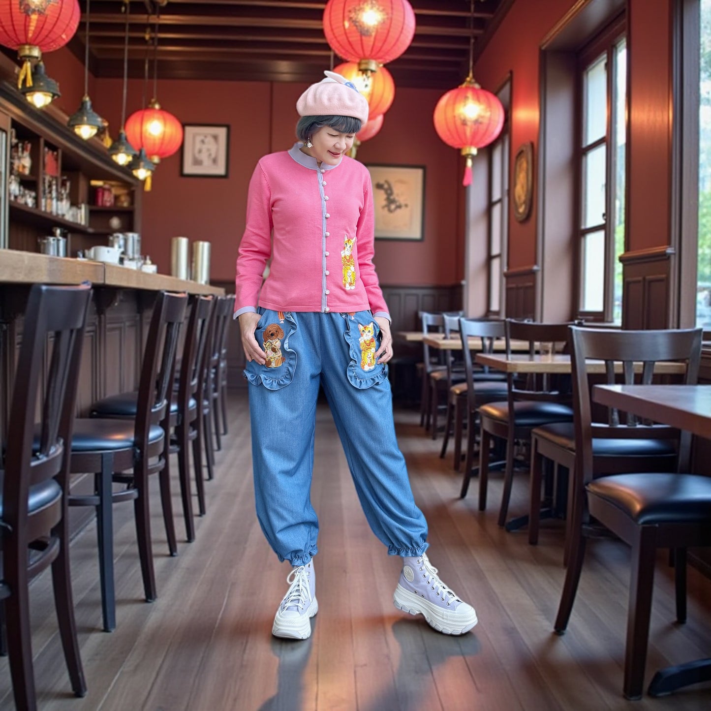 Lucky animal embroidery sweater (pink)