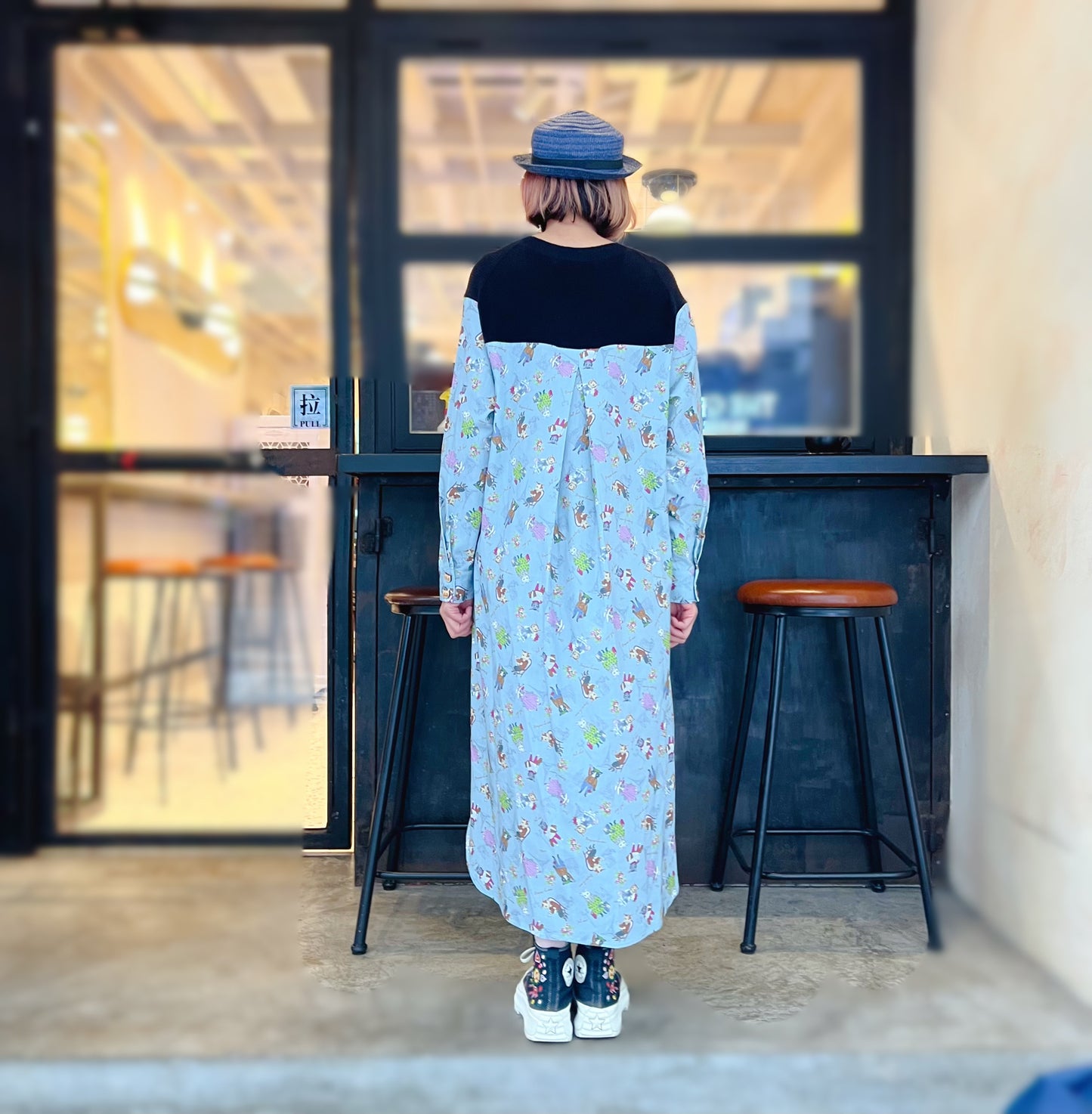 French cat fabric and knit block dress