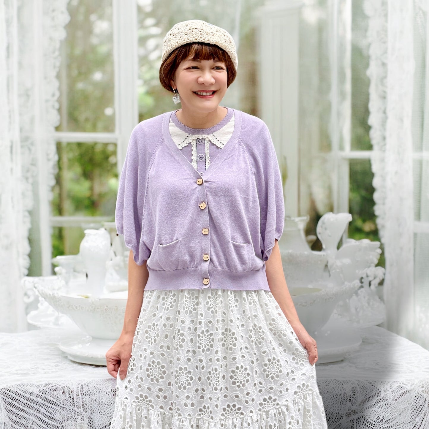Cat lace fabric cotton cardigan
