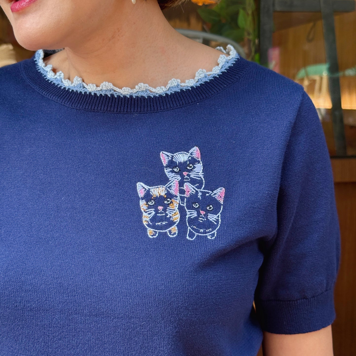 Three cats embroidery and hand crochet sweater