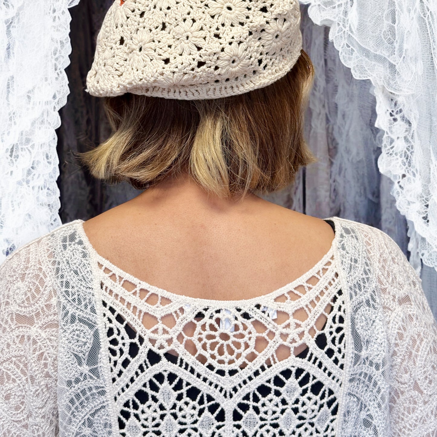 Crochet and lace embroidery beret