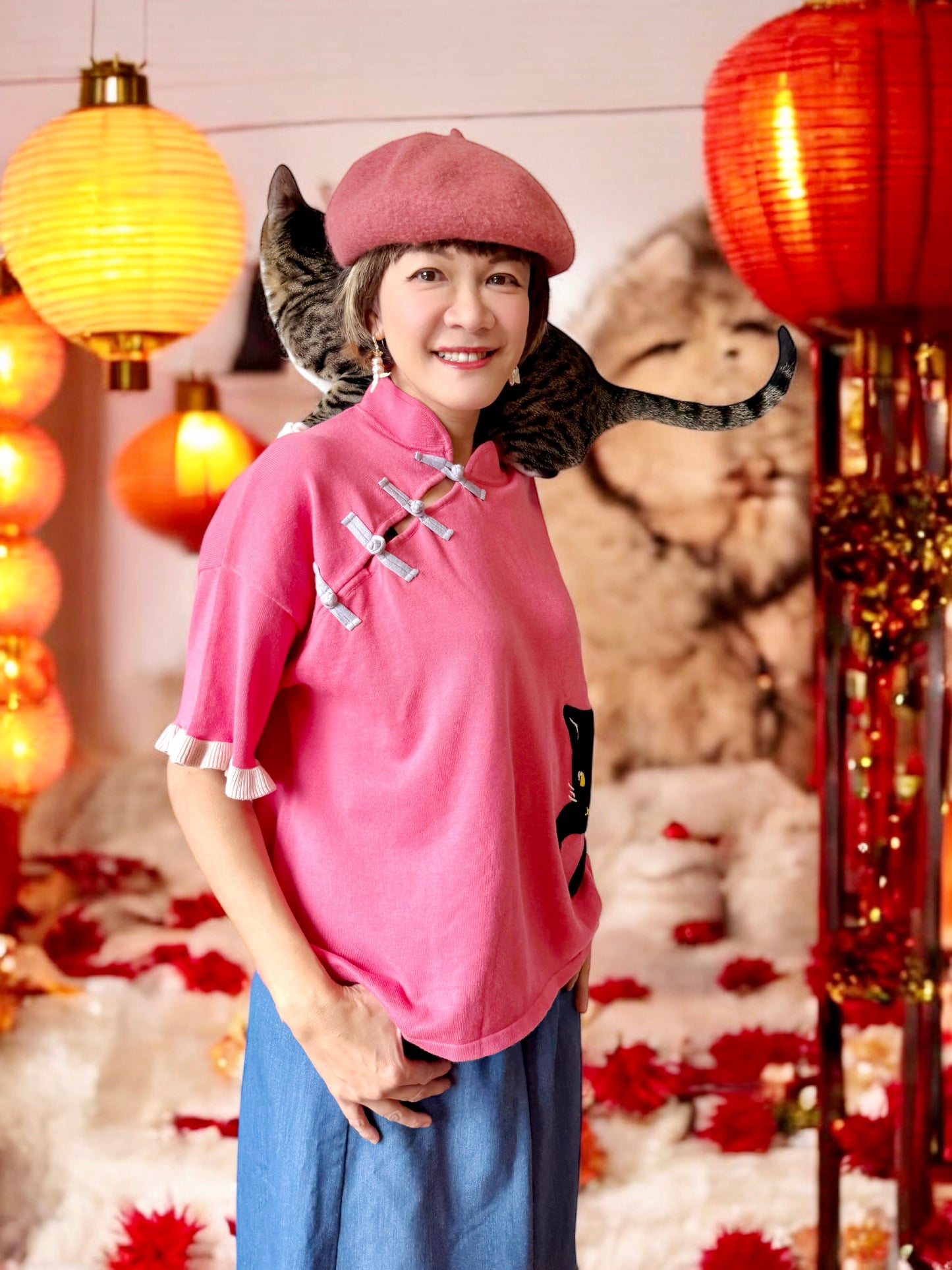 Chinese collar cat embroidery sweater