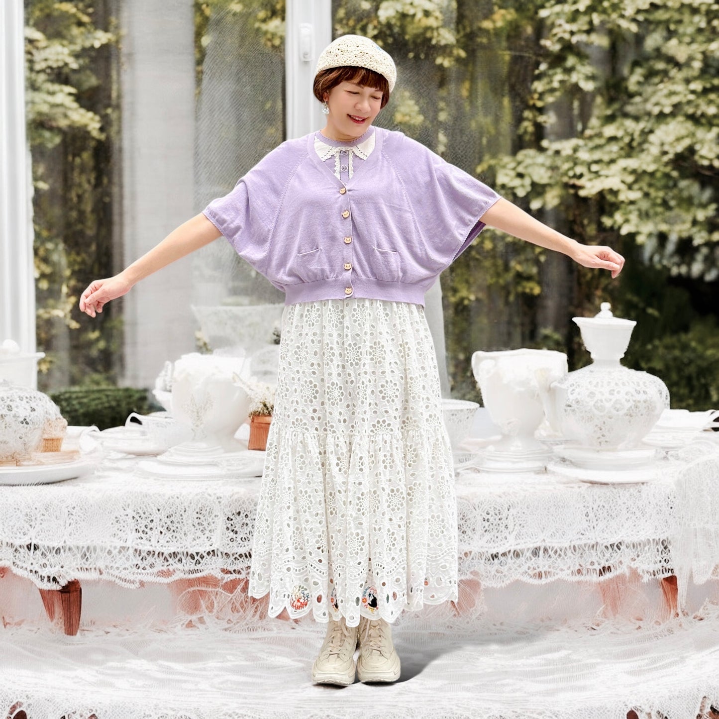 Cat lace fabric cotton cardigan