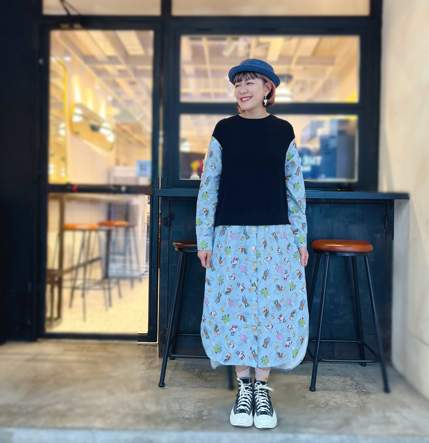 French cat fabric and knit block dress