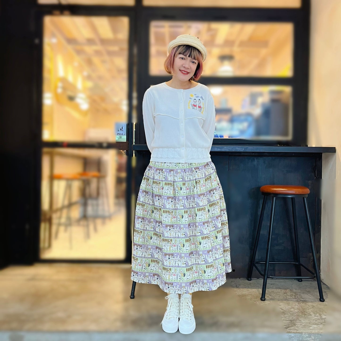Cats at sushi restaurant midi skirt