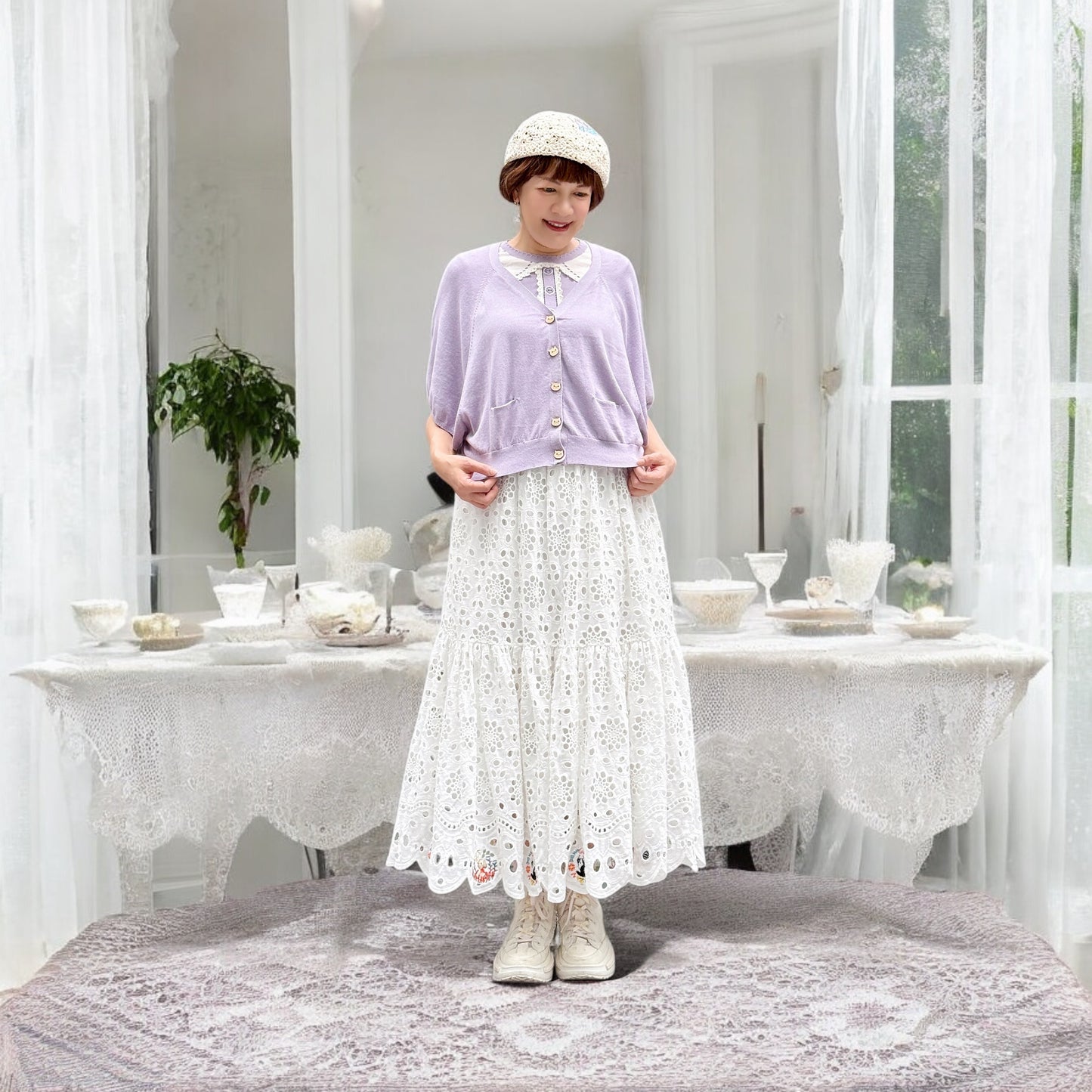 Cat lace fabric cotton cardigan