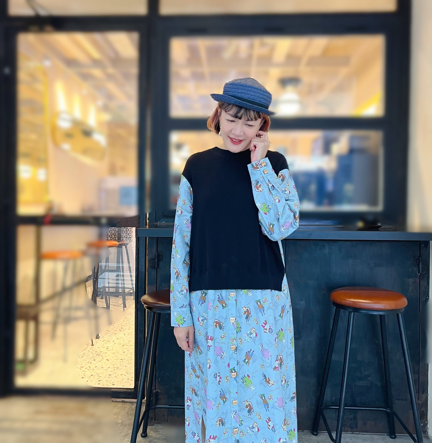 French cat fabric and knit block dress