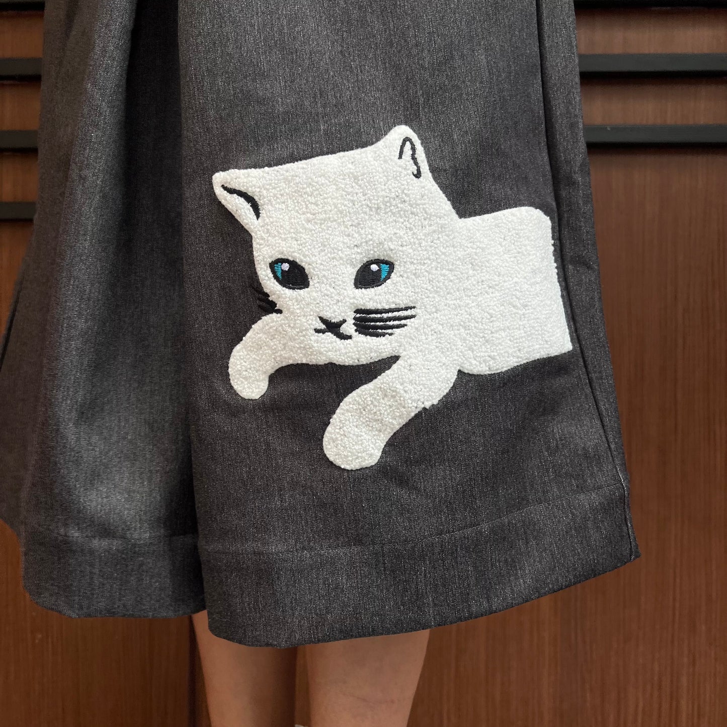 Big fluffy cat embroidery denim skirt pants
