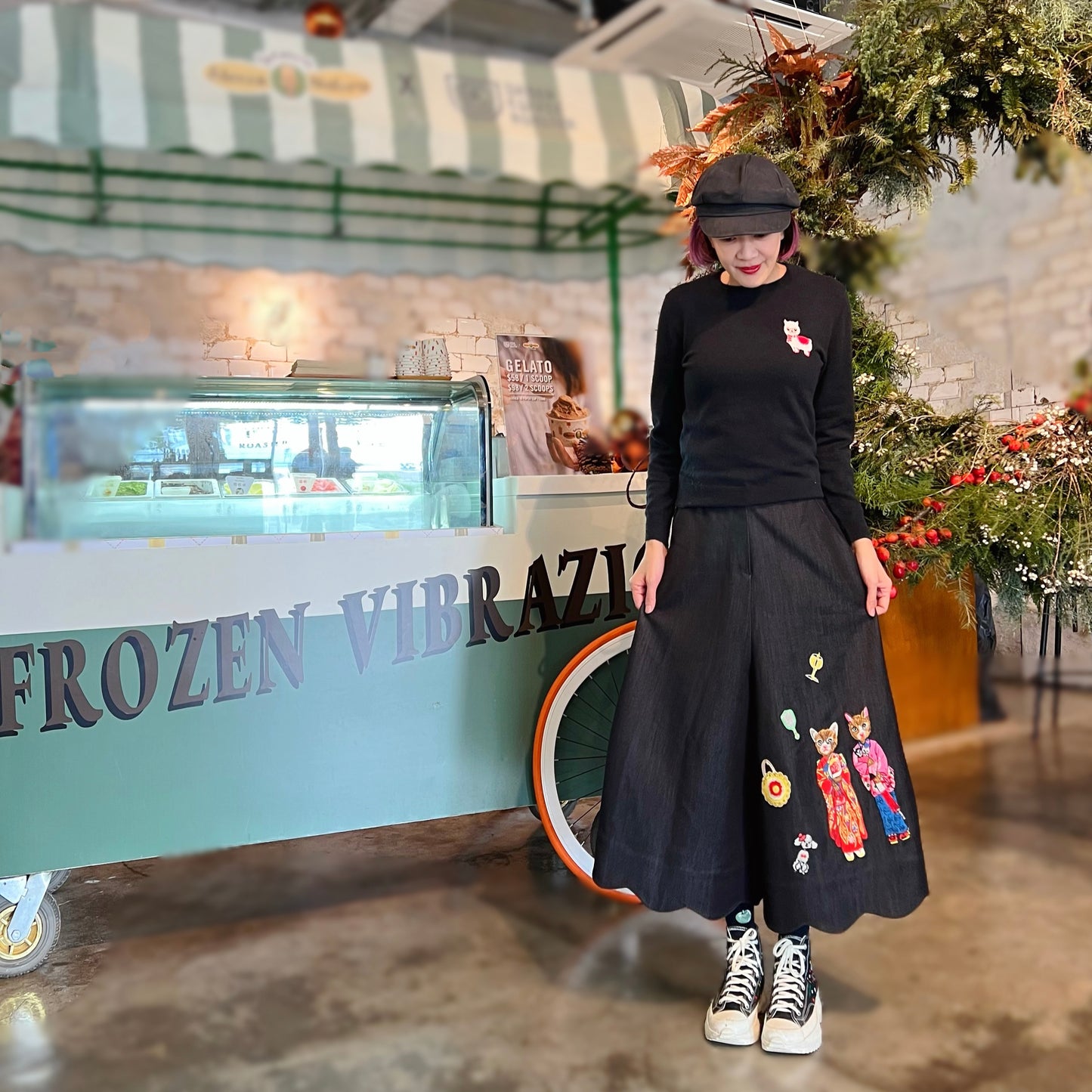 Kimono cat embroidery skirt pants