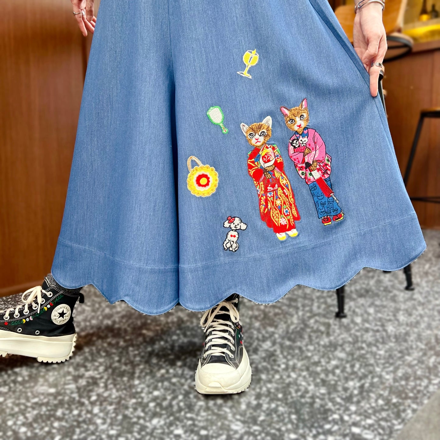 Kimono cat embroidery skirt pants