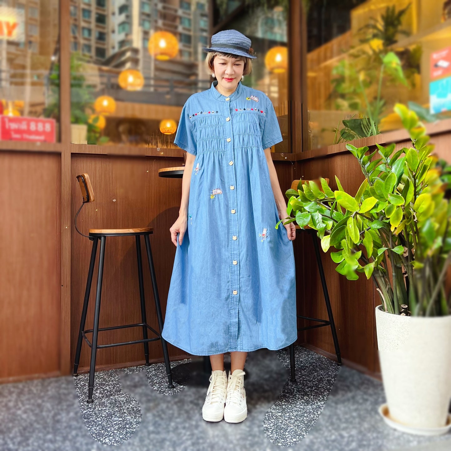 Alice in the wonderland embroidery denim one piece