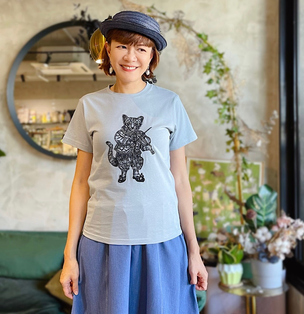 Violin Cat Embroidery T Shirt