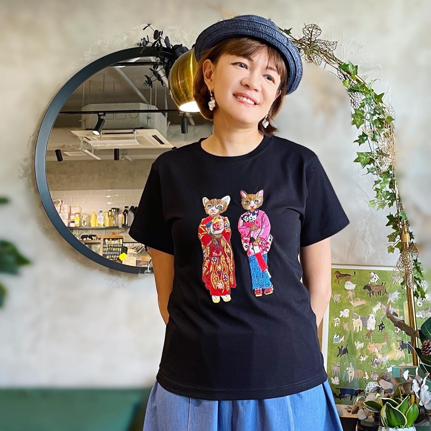 Kimono Cat Embroidery T Shirt