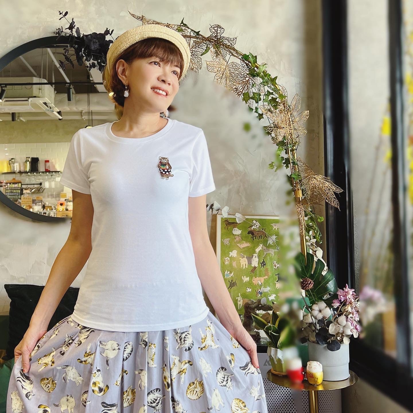 Wine And Cat Lady Embroidery Tee