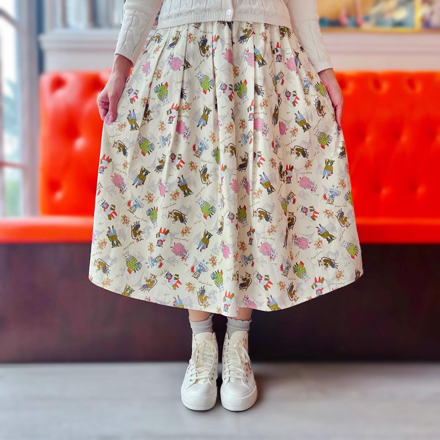 Paris cat Oxford fabric midi skirt