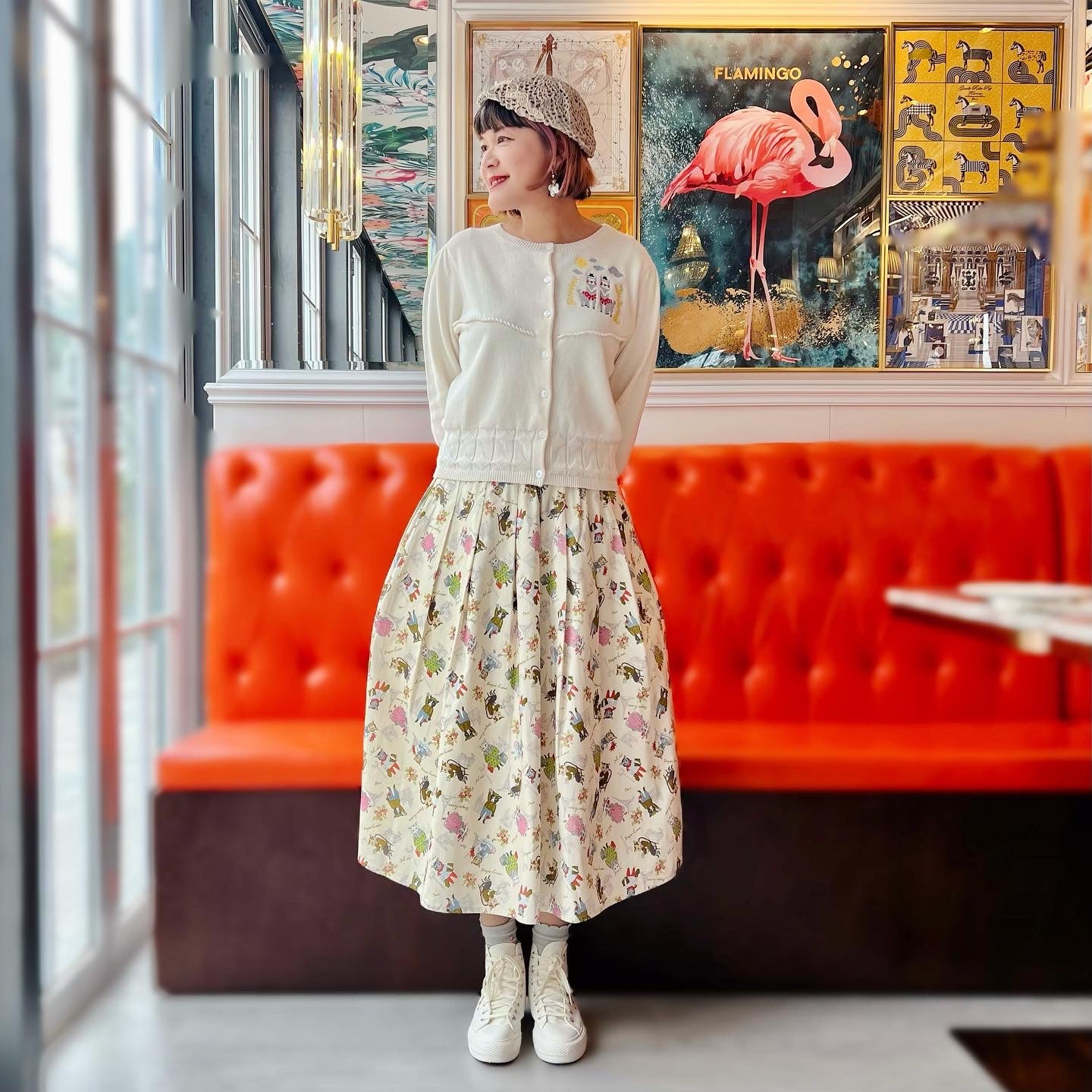 Paris cat Oxford fabric midi skirt