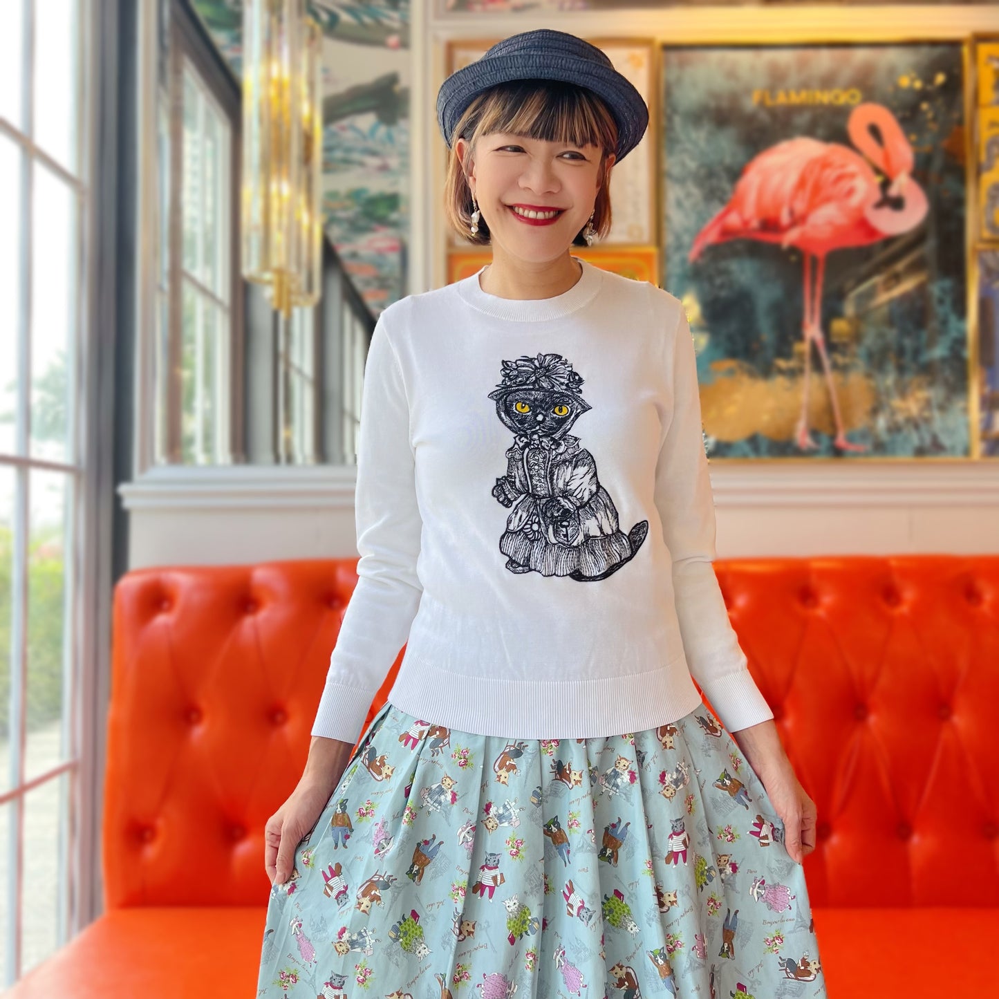 Paris cat Oxford fabric midi skirt