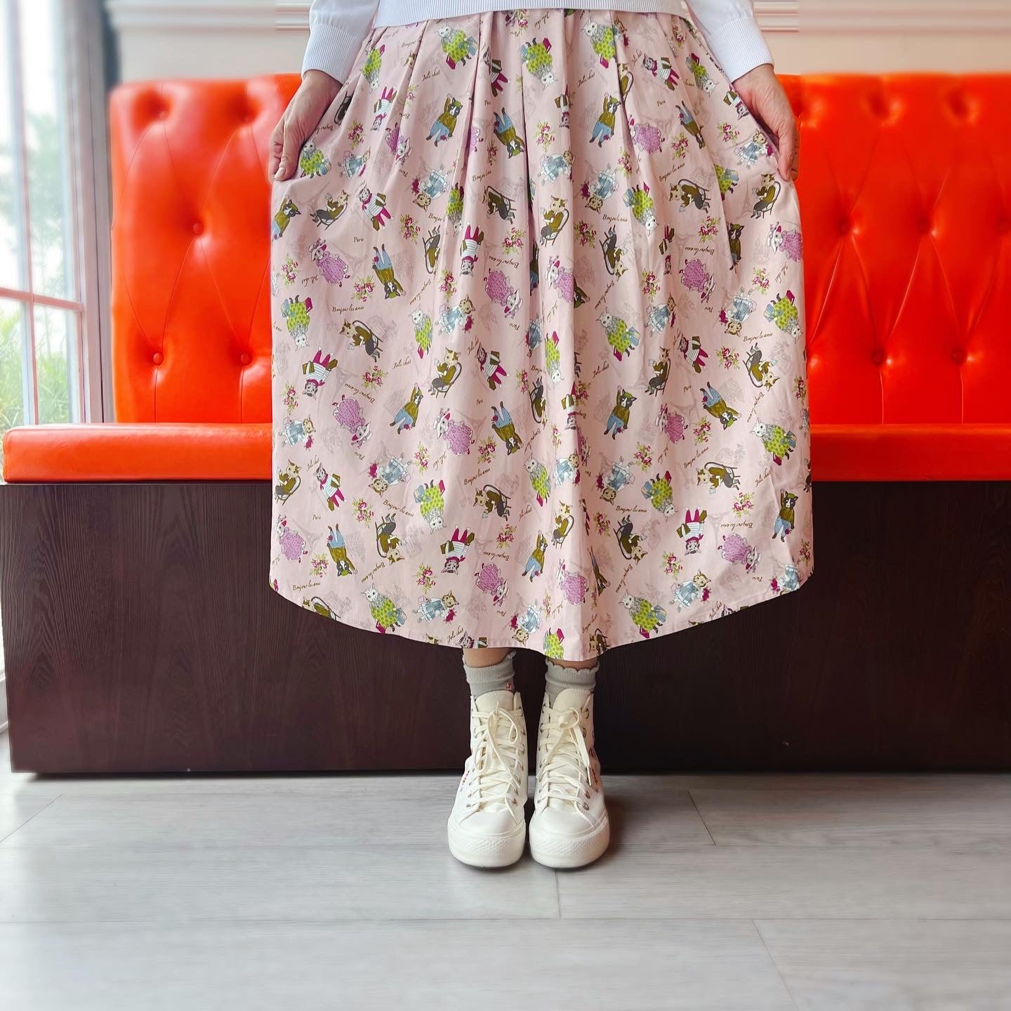 Paris cat Oxford fabric midi skirt