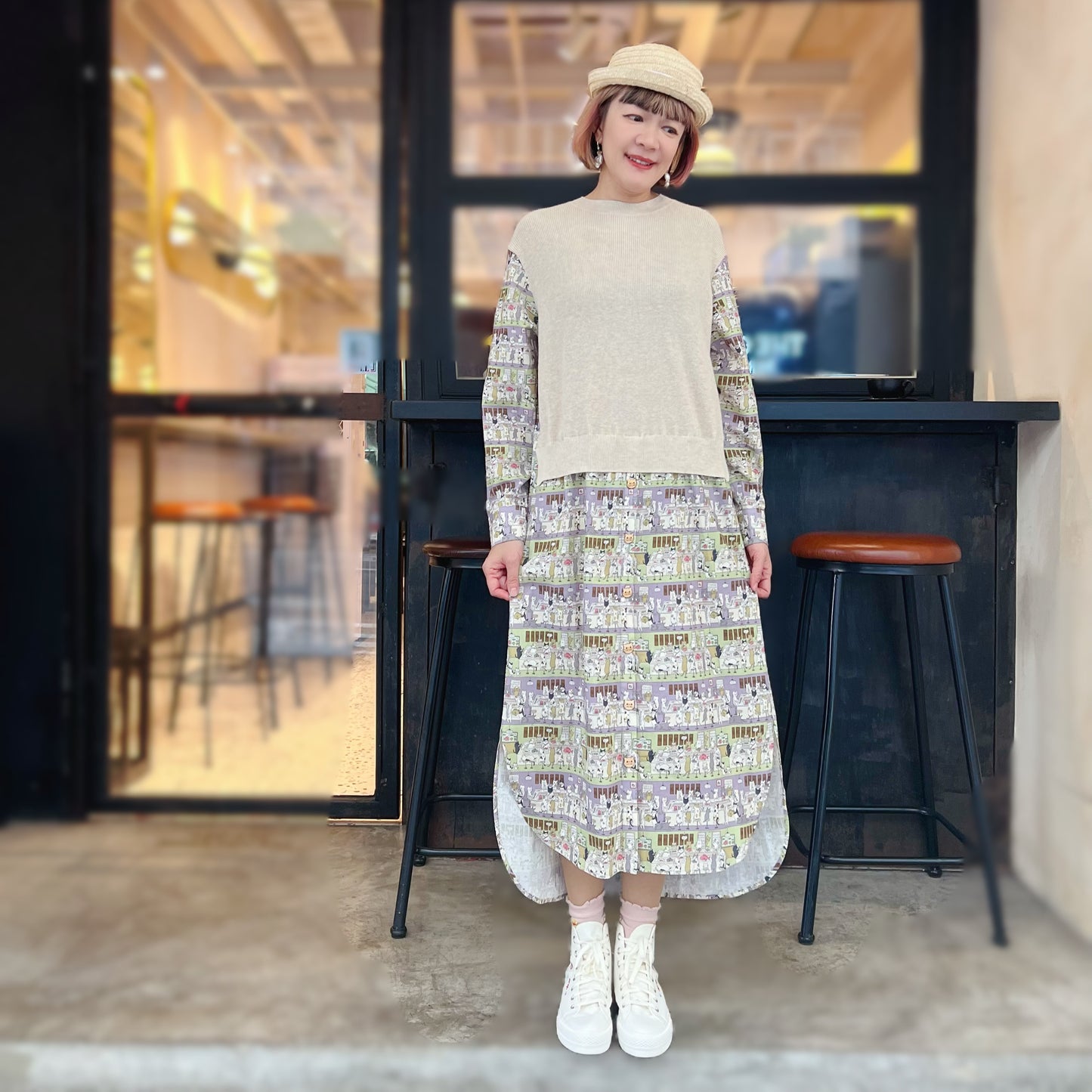 Sushi shop cat knit fabric dress