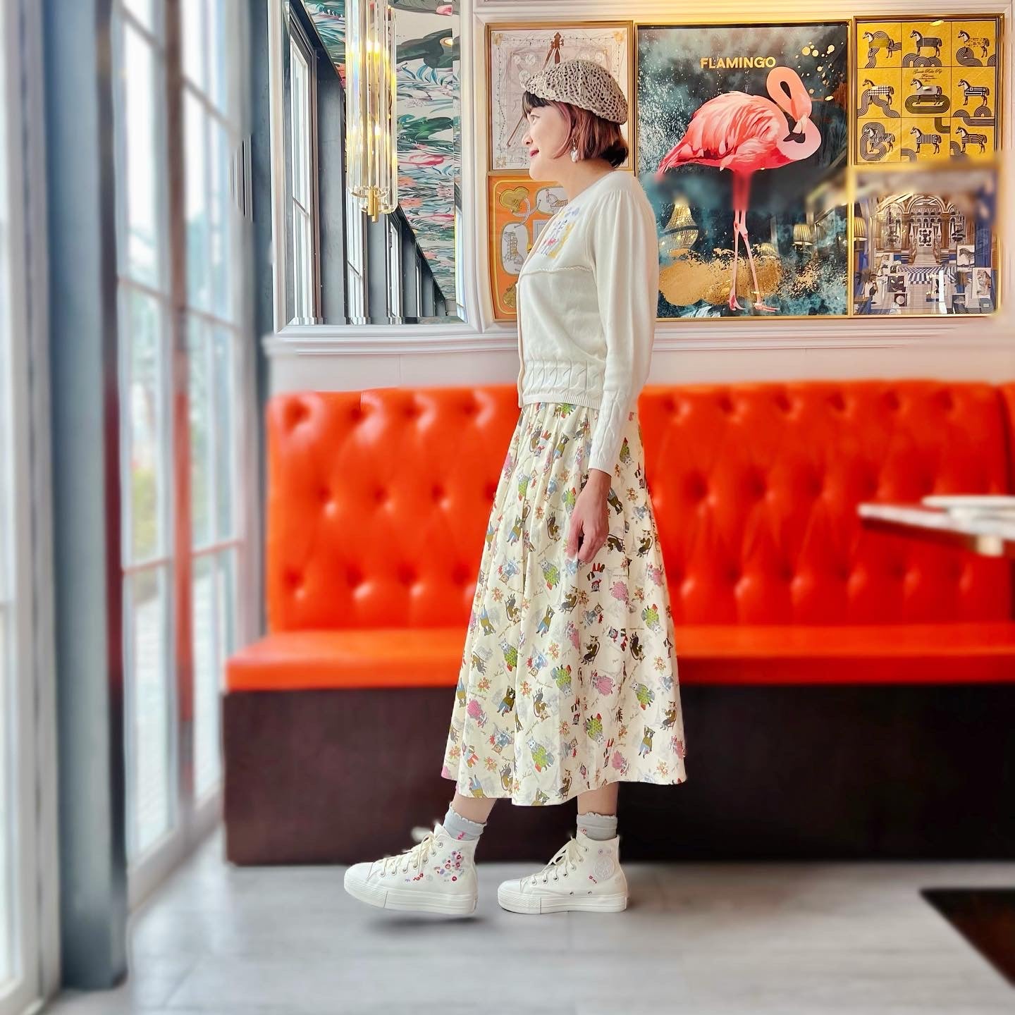 Paris cat Oxford fabric midi skirt