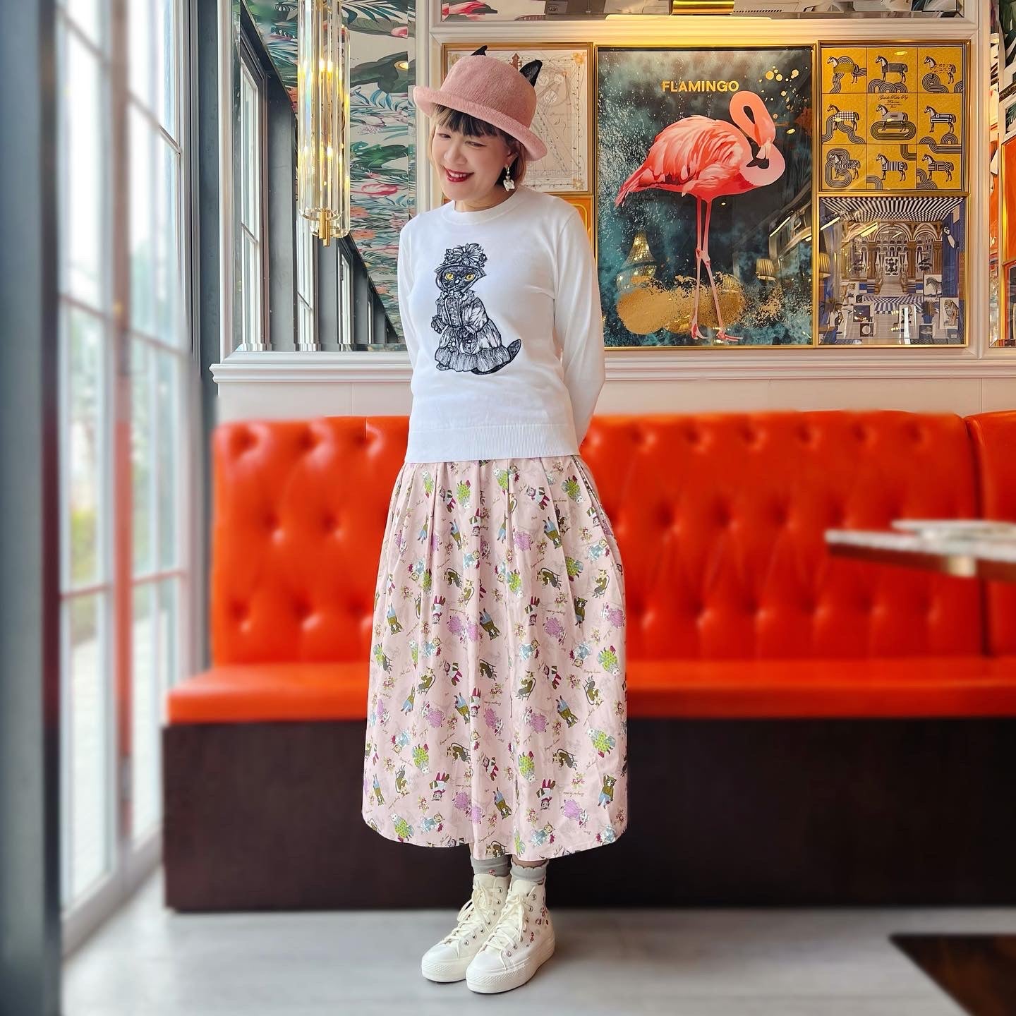 Paris cat Oxford fabric midi skirt