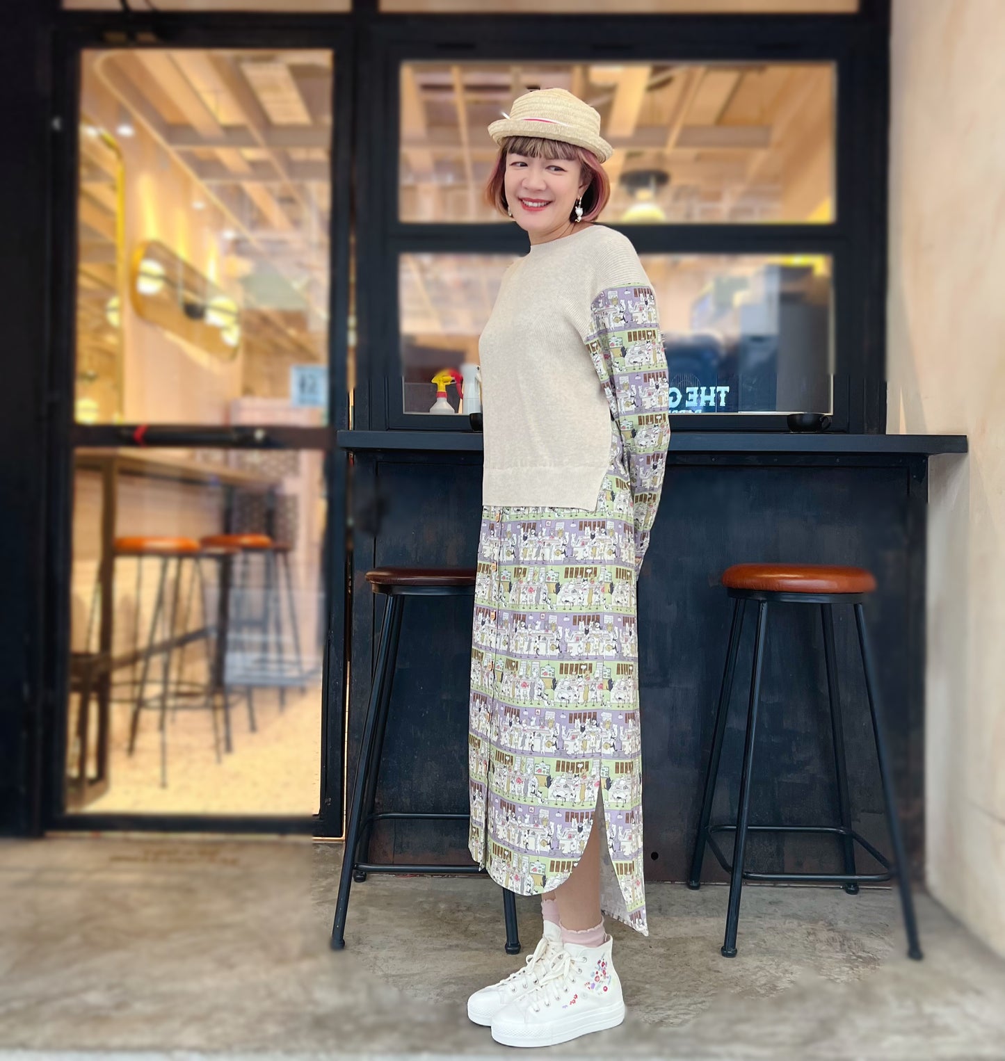 Sushi shop cat knit fabric dress