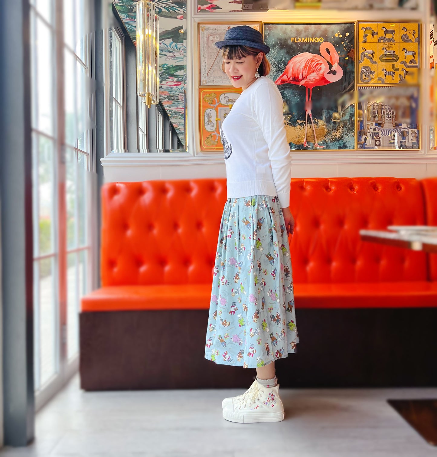 Paris cat Oxford fabric midi skirt