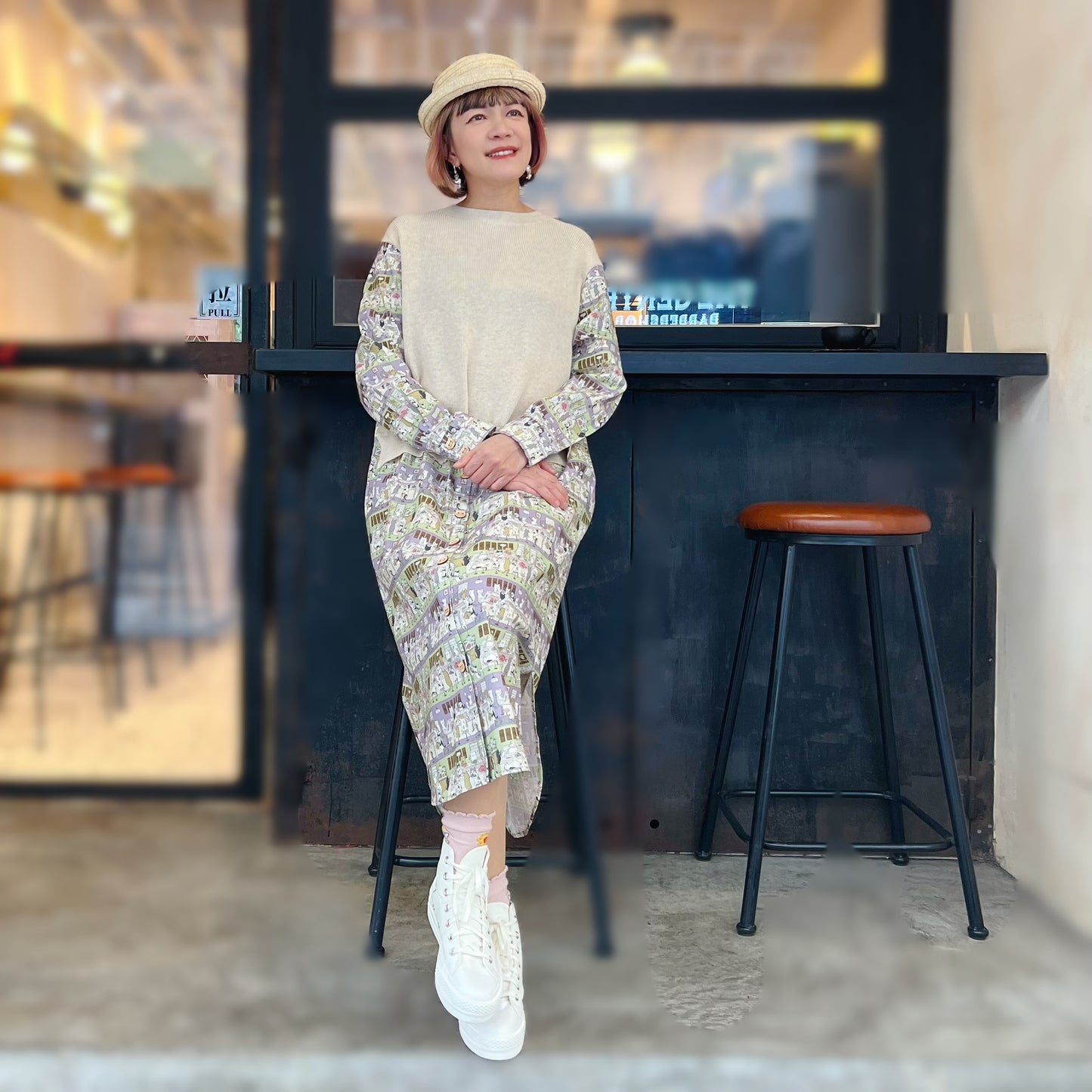 Sushi shop cat knit fabric dress