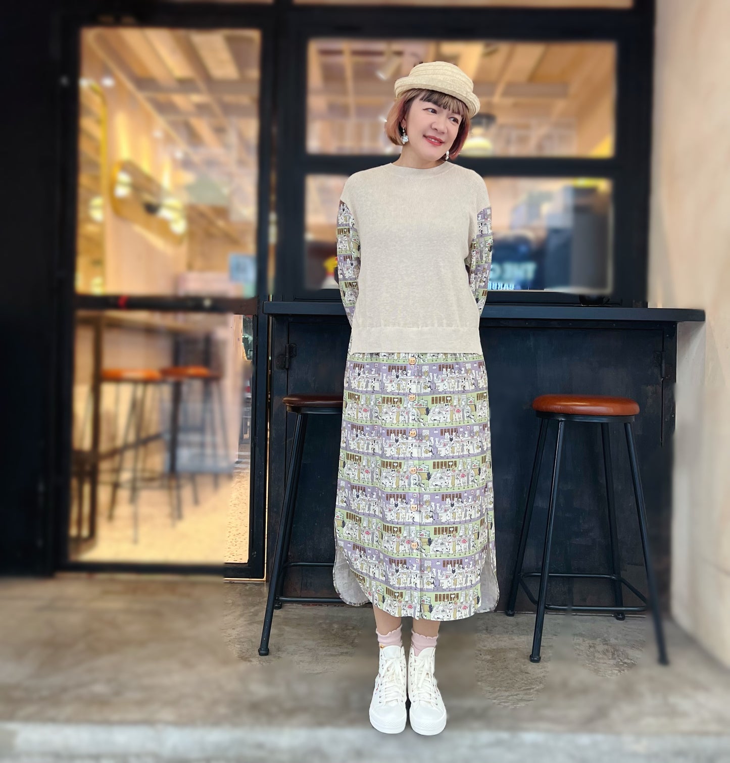 Sushi shop cat knit fabric dress
