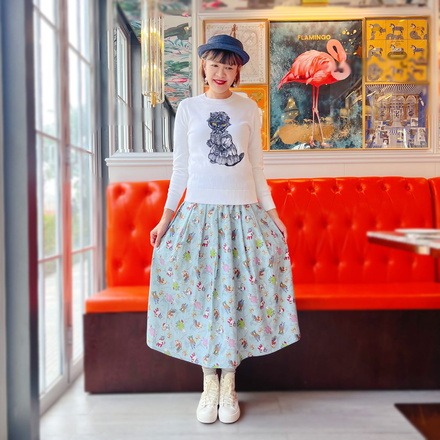 Paris cat Oxford fabric midi skirt