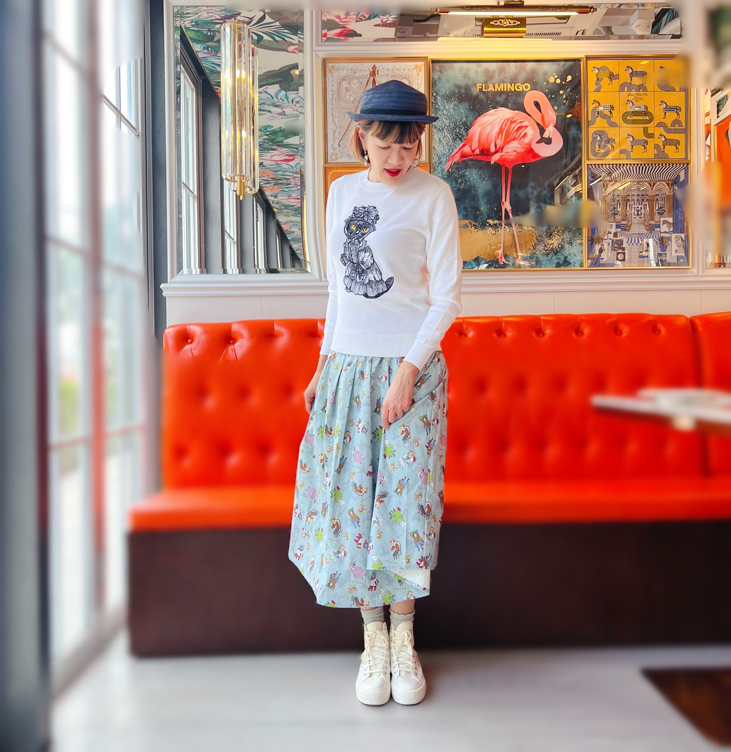 Paris cat Oxford fabric midi skirt