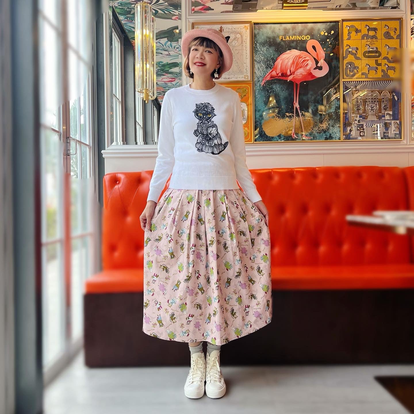 Paris cat Oxford fabric midi skirt