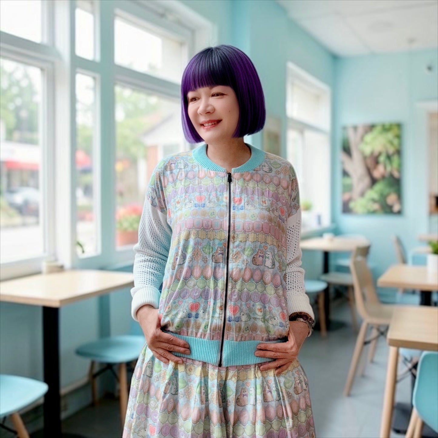 Animal jewelry pattern cotton pointelle cardigan
