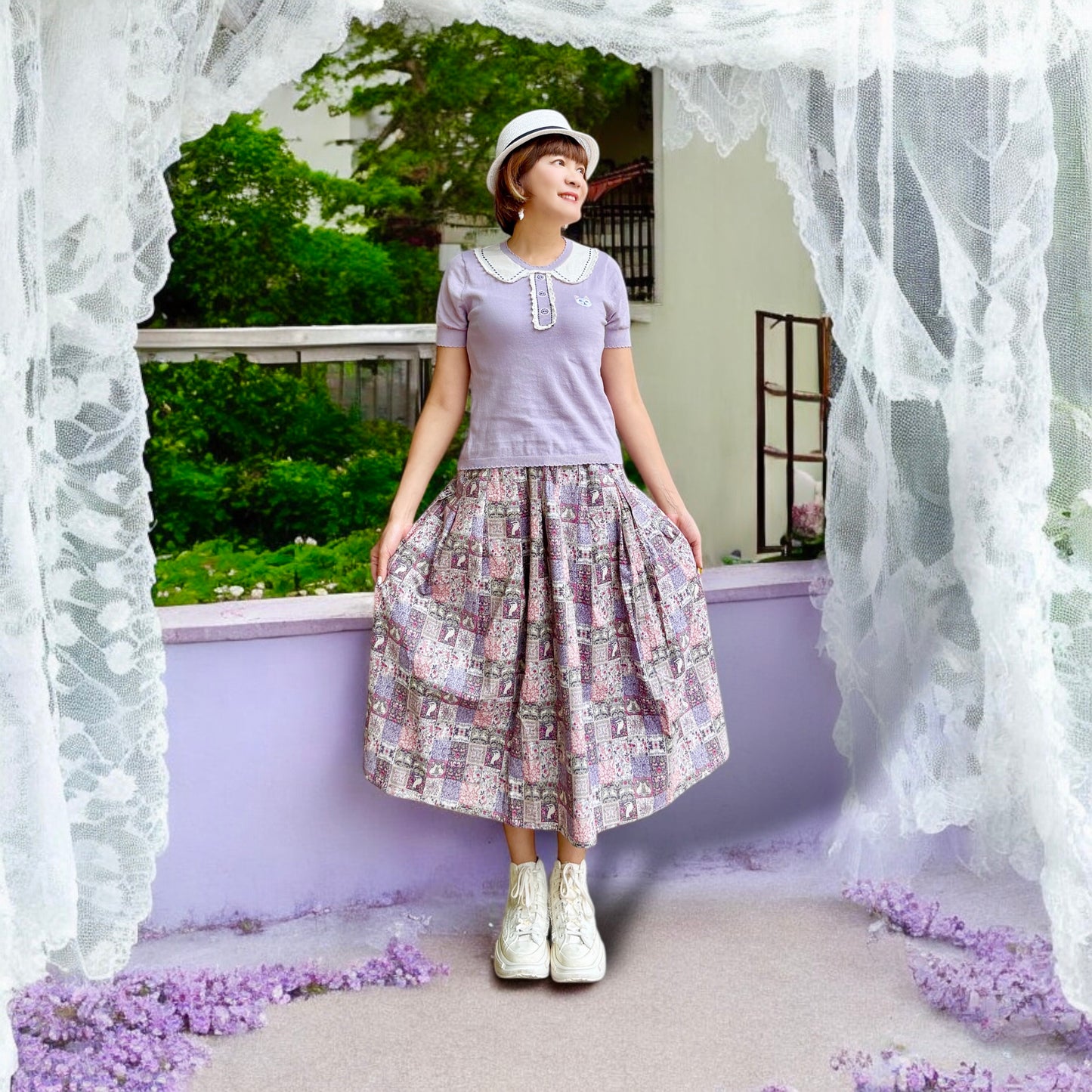 Gardening animals pattern midi skirt (purple )