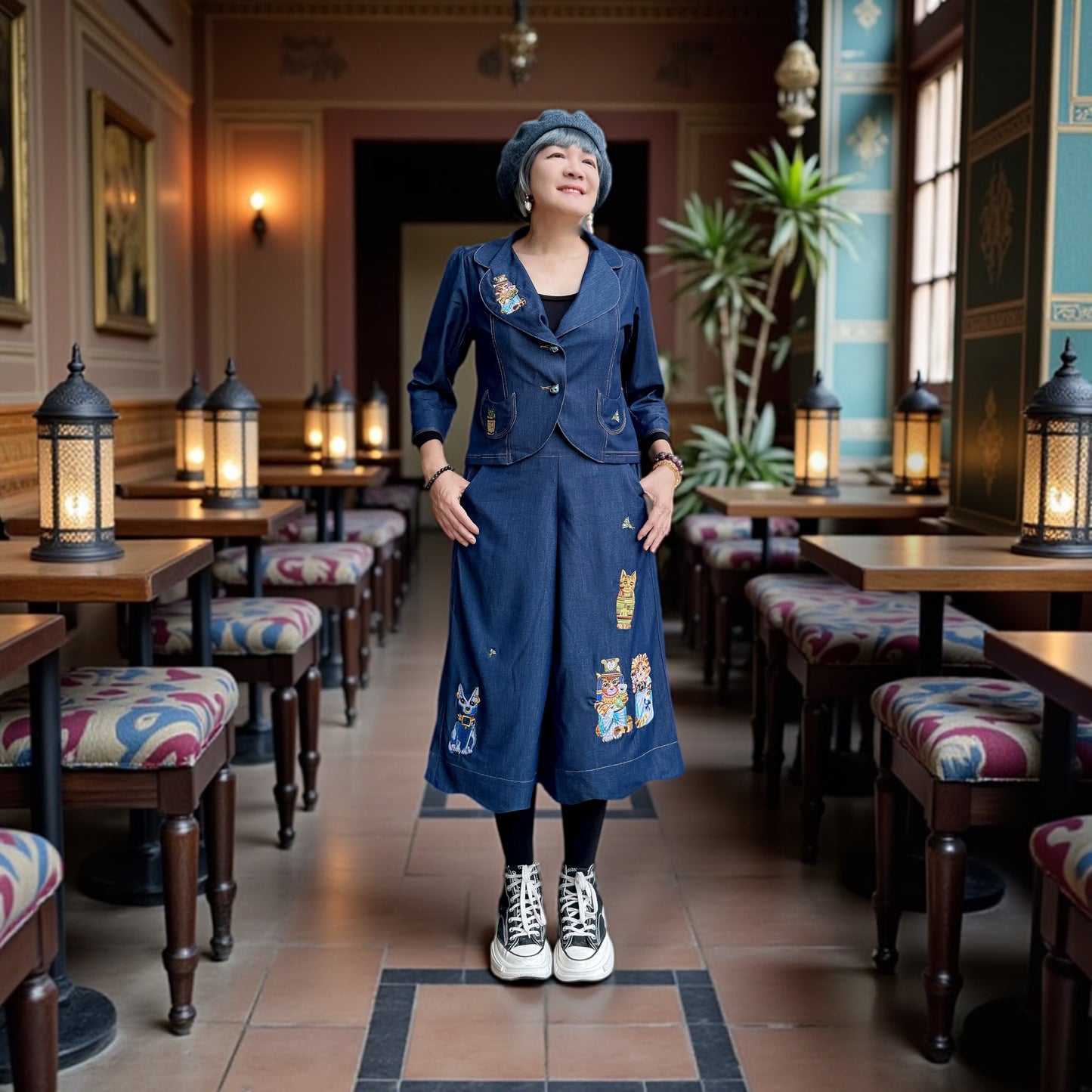 Egyptian cats embroidery denim jacket