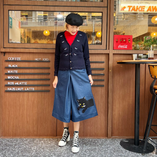 Big fluffy cat embroidery denim skirt pants