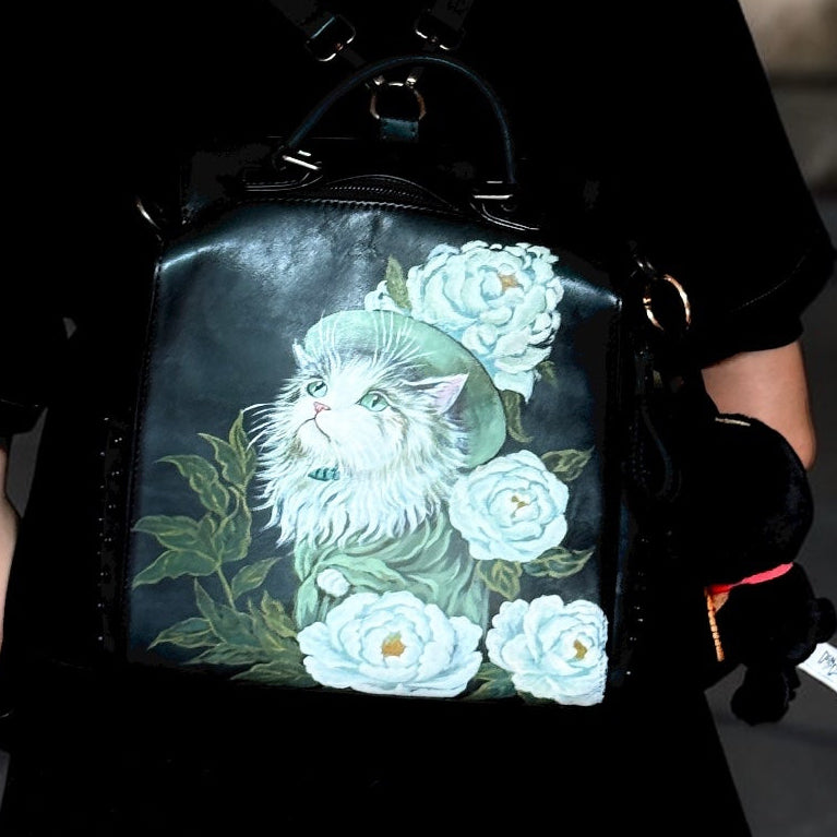 Hand painted cats and flowers leather bag