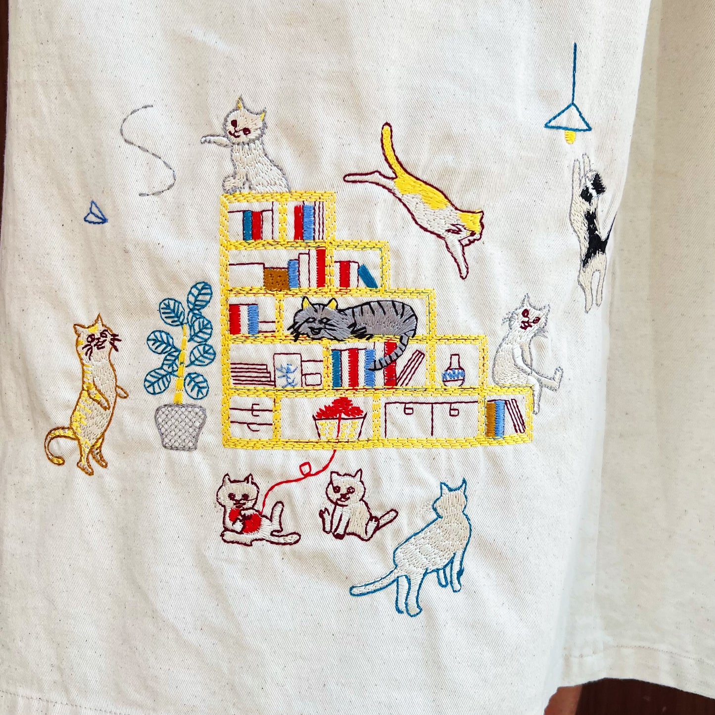 Book shelf cats embroidery denim one piece