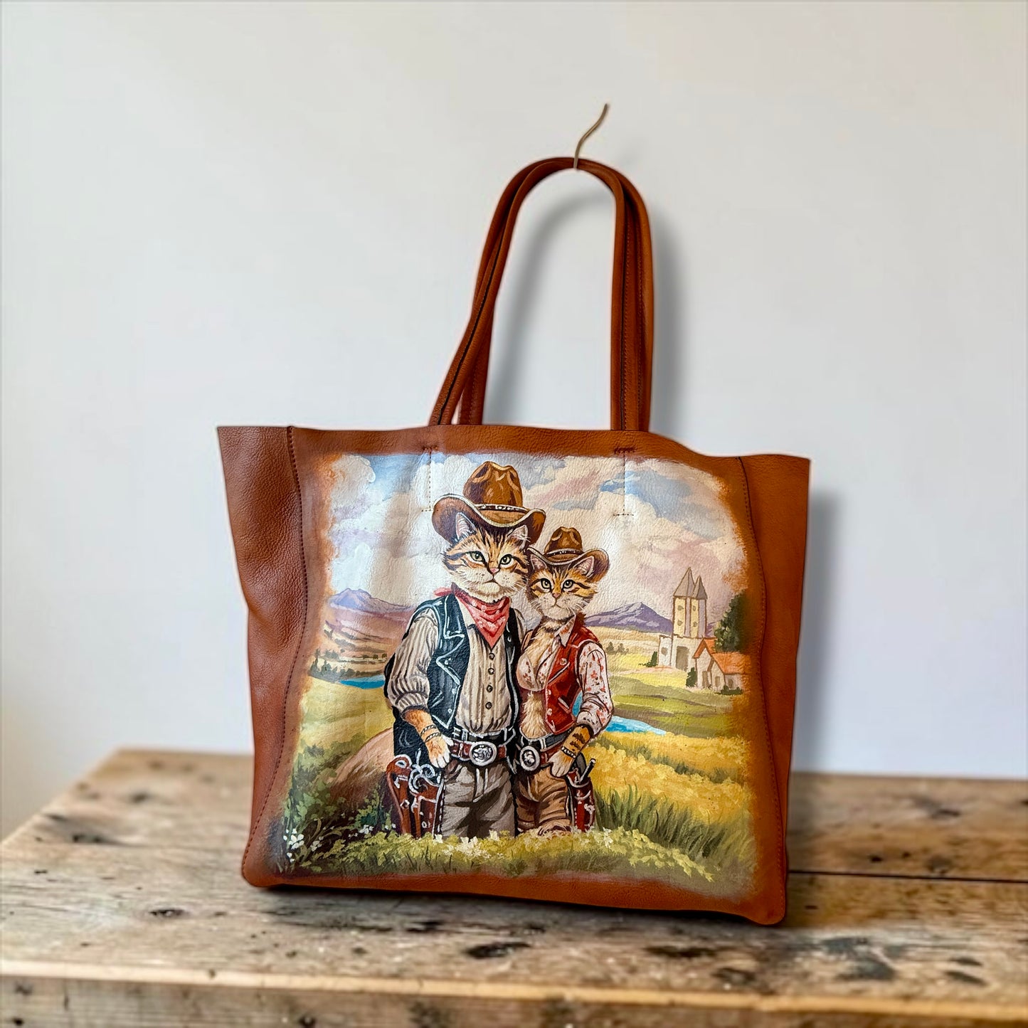 Cowboy cat hand painted leather bag