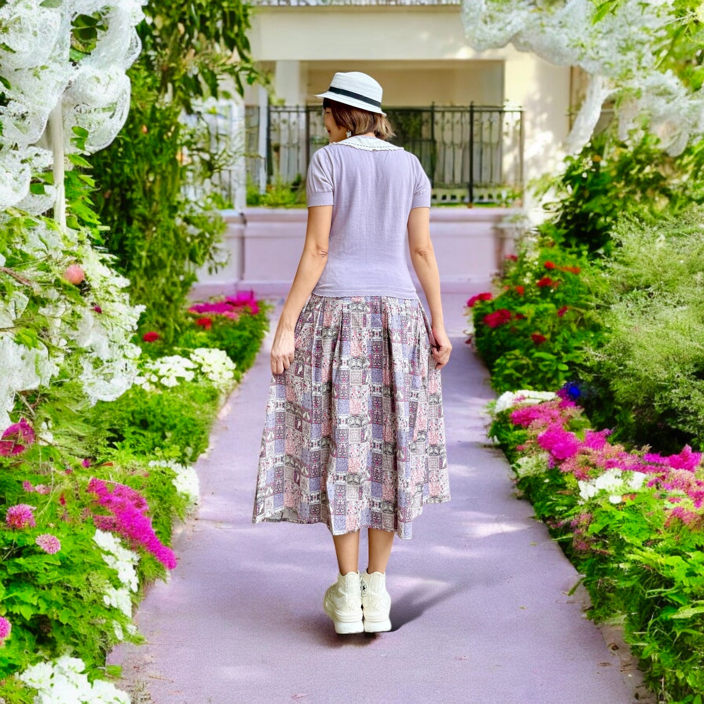 Gardening animals pattern midi skirt (purple )