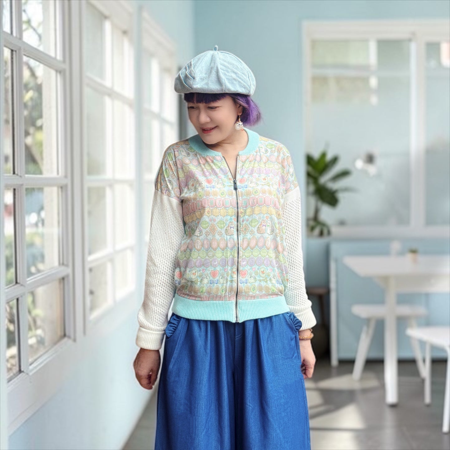 Animal jewelry pattern cotton pointelle cardigan