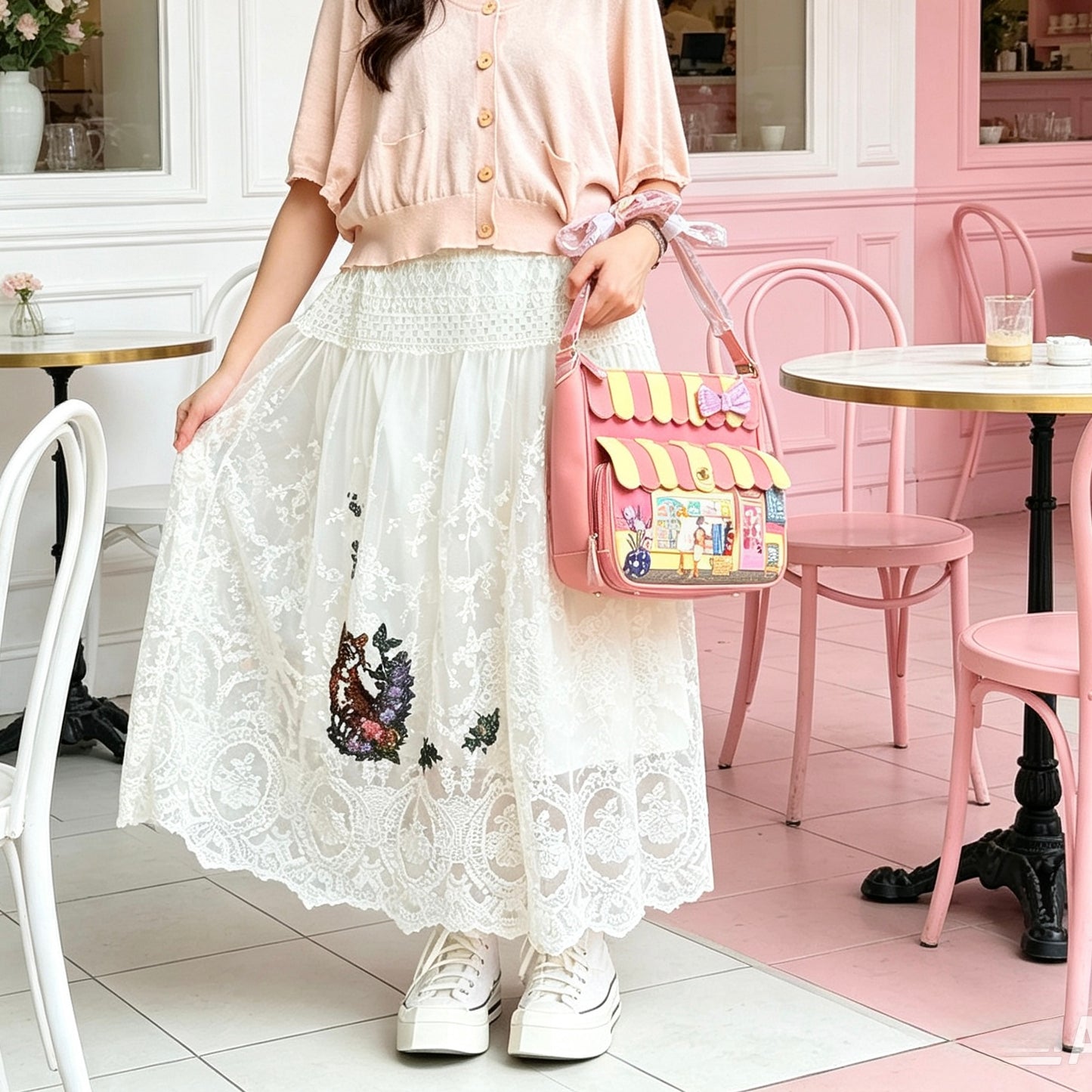 Embroidery and hand painted lace skirt