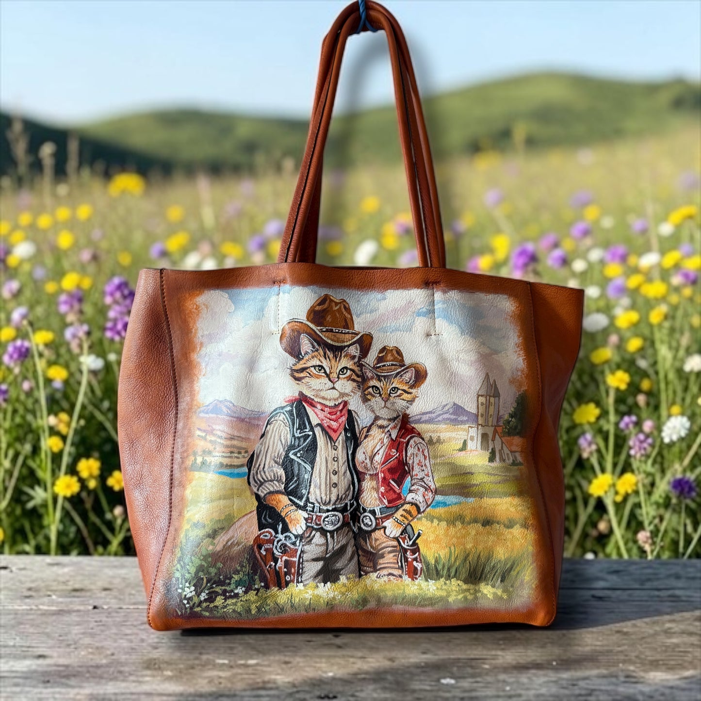 Cowboy cat hand painted leather bag