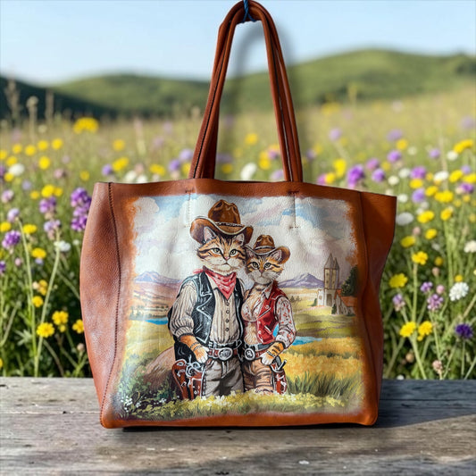 Cowboy cat hand painted leather bag