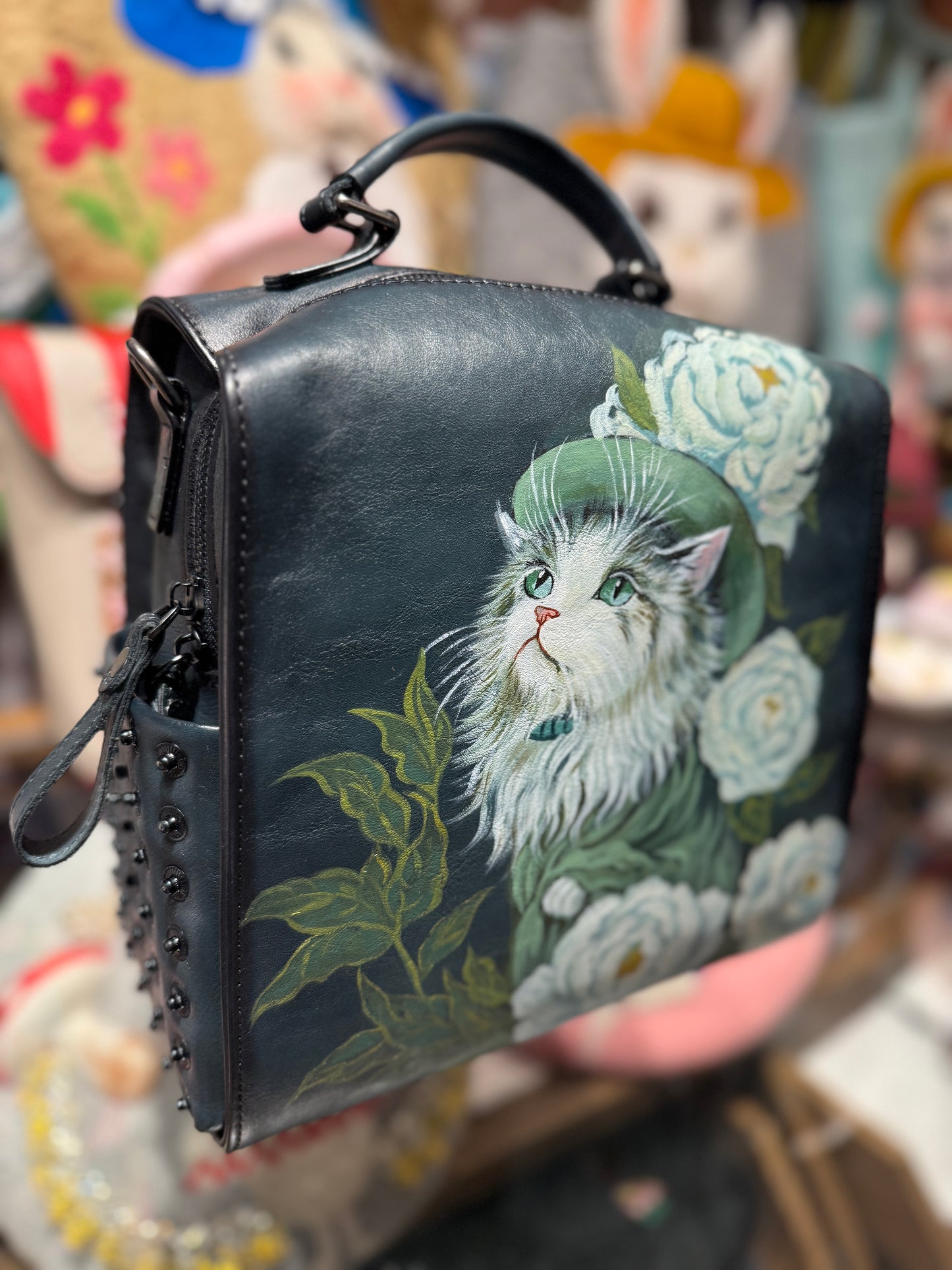 Hand painted cats and flowers leather bag
