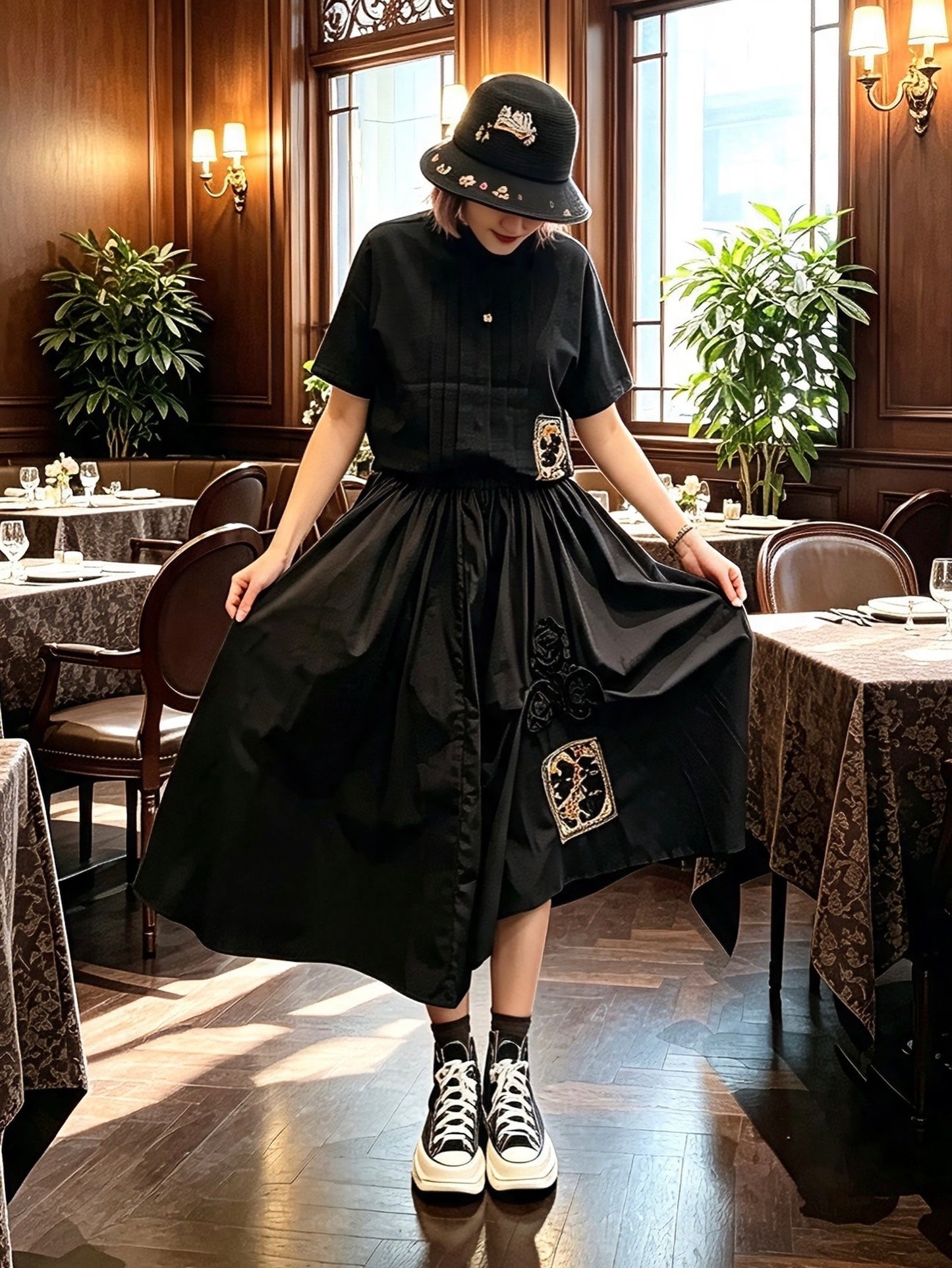 Hugging cat hand embroidery midi skirt