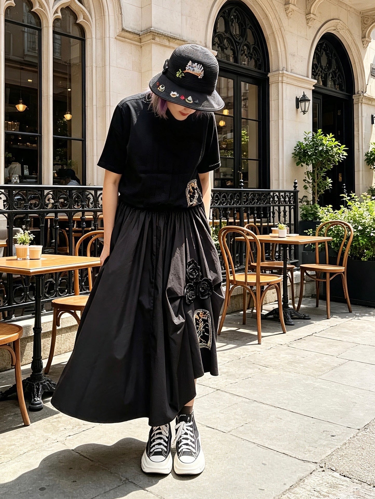 Hugging cat hand embroidery midi skirt