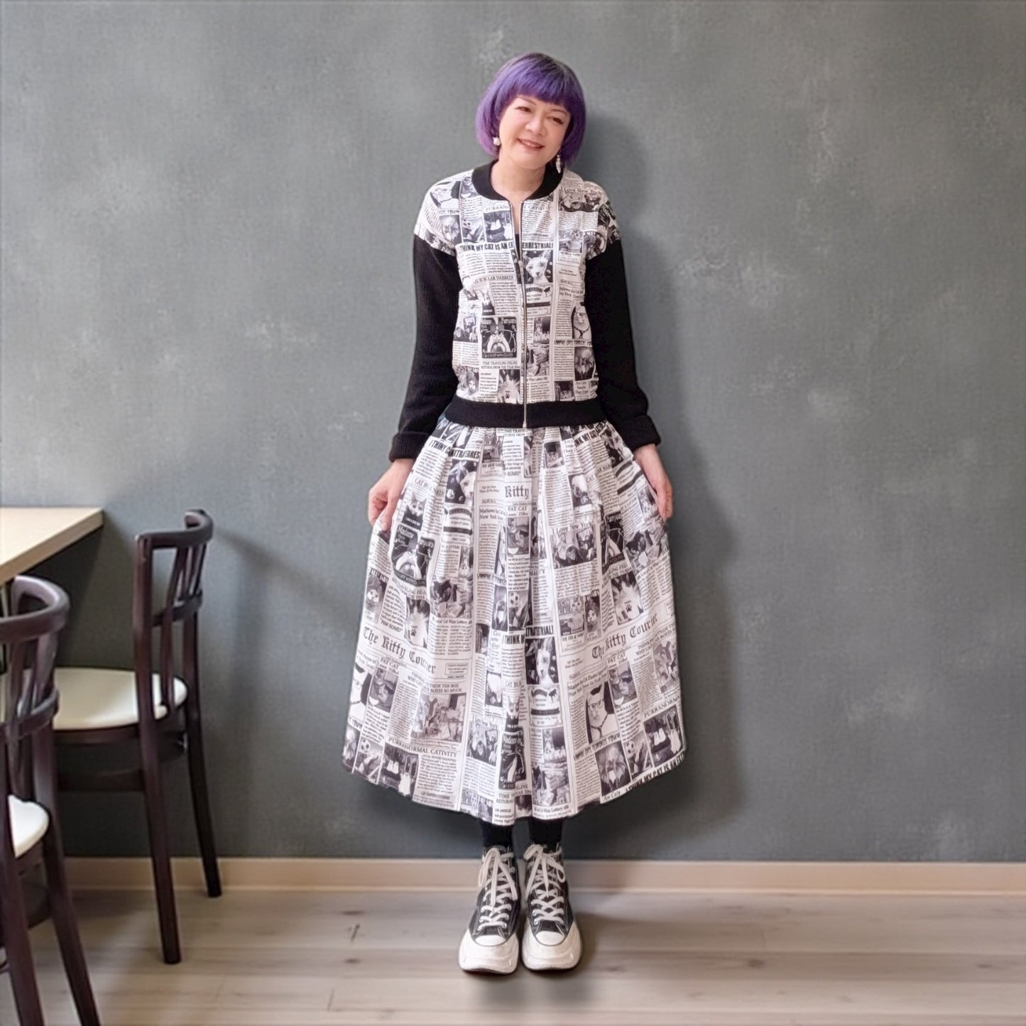 Cat newspaper and pointelle cardigan