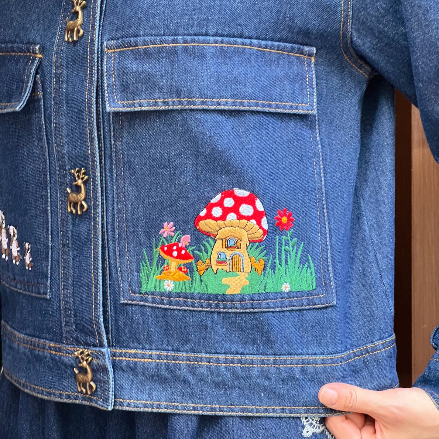 Cat little red riding hood and mushroom house denim jacket