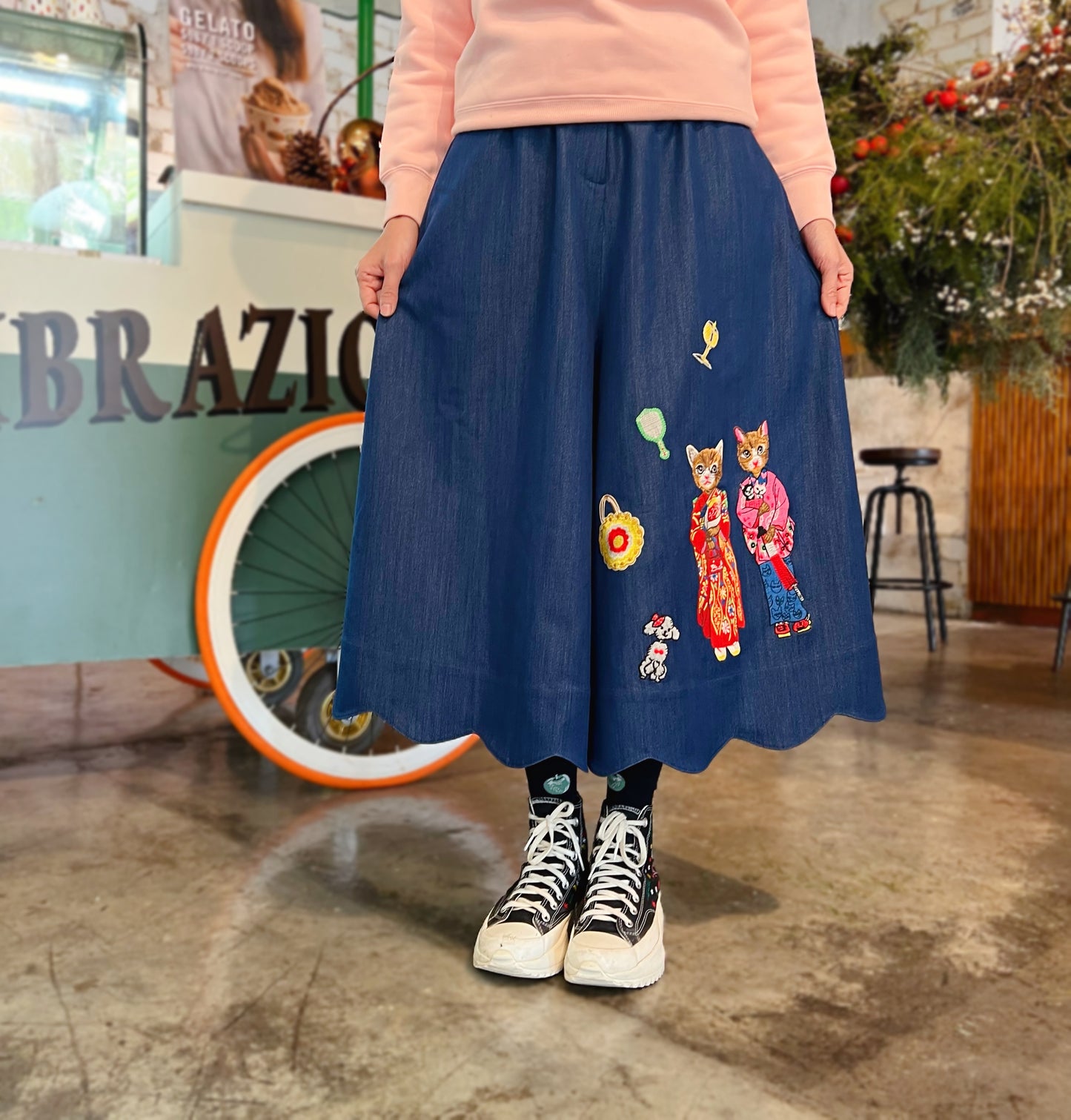 Kimono cat embroidery skirt pants